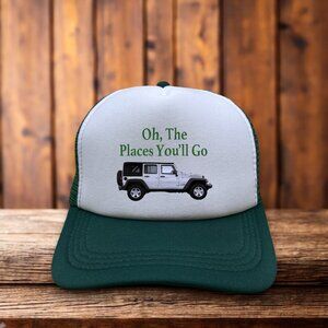 Jeep Oh The Places You'll Go Mens Trucker Hat Green Rugged Off Road Vehicle Cap